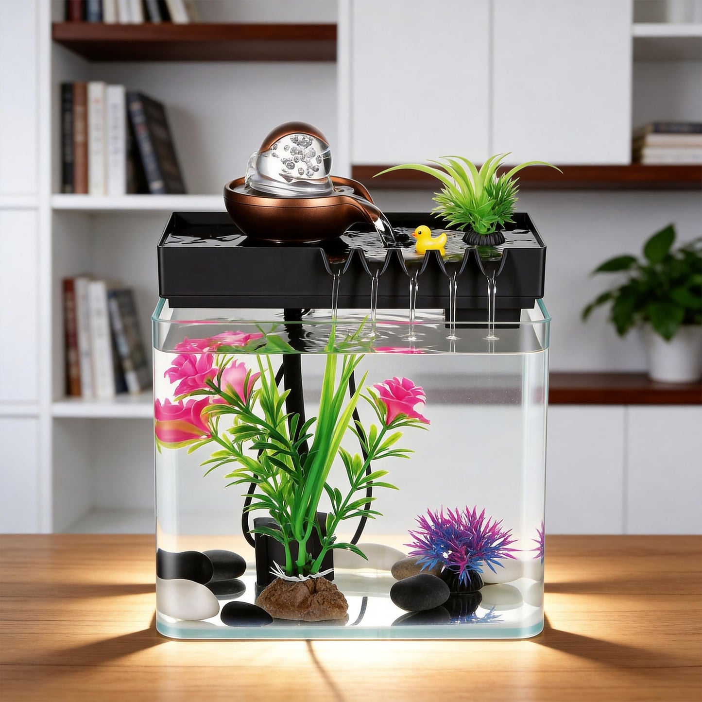 GY SoftGleam Indoor Water Fountain, 5-in-1 Tabletop Waterfall with Fish Tank & Mist Spray Humidifier, Desktop Fountain for Office Decor, Relaxing Small Water Feature for Bedroom Living Room Home