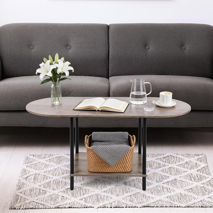 Small Coffee Table,35.4'' Oval Coffee Table with Storage Shelf & Metal Frame,Low Cocktail Tea Accent Table for Apartment,Modern Mid Century Small Living Room Table,Rustic Grey