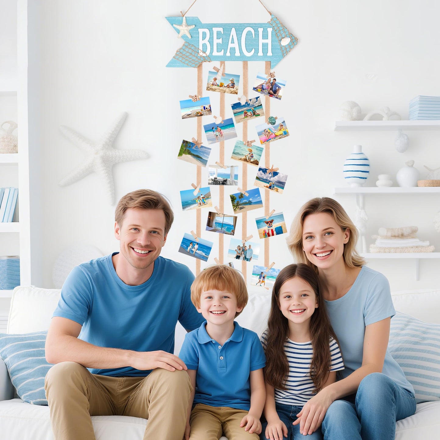 WeDoSoy Coastal Style Hanging Photo Display Holder with 30 Clips (10 Shell Clips), Wooden Frames Wall Picture Organizer for Beach Decor, Collage Display, Postcards, Holiday Cards & Home Decoration