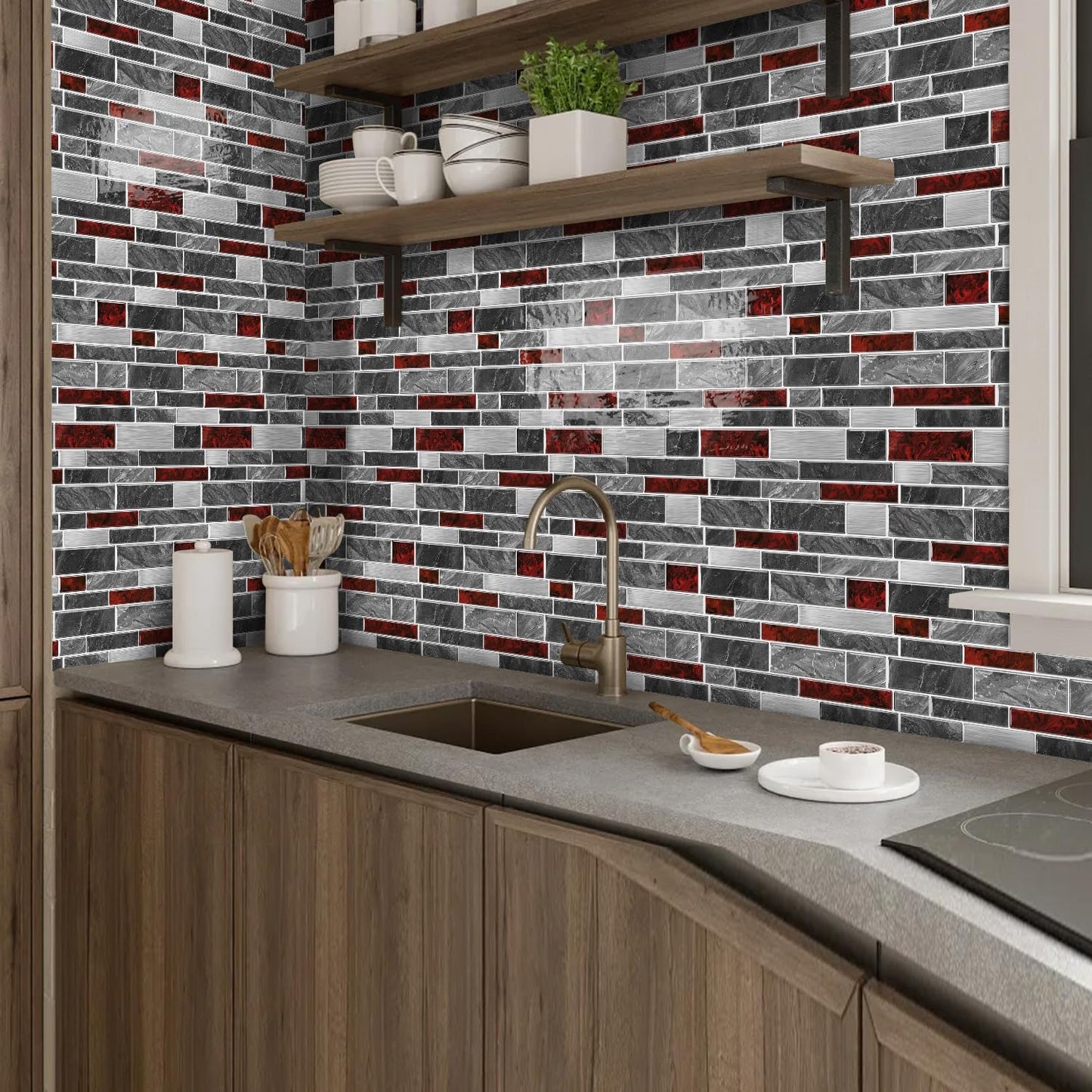 Alwayspon 10 Sheets 12" x12inch Black and Red Marble Effect Vinyl Tiles, Backsplash, Self-Adhesive Peel and Stick Wall Tile Stickers, Stick on Subway Tiles for Kitchen Bathroom Wall Decor