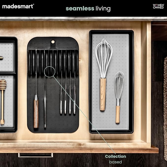 madesmart Knife Mat, Compact Soft-Grip Slot Organizer for 5 Knives, Non-Slip Drawer Insert Protects Blades and Maximizes Space, Carbon