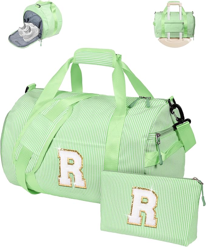 Birthday Gift for Kid, Girl Gym Bag, Kids Monogram Overnight Duffel Bags with Shoe Compartment, Personalized Travel Bag with Makeup Pouch, Dorm Room Essentials for Girls (Letter R)