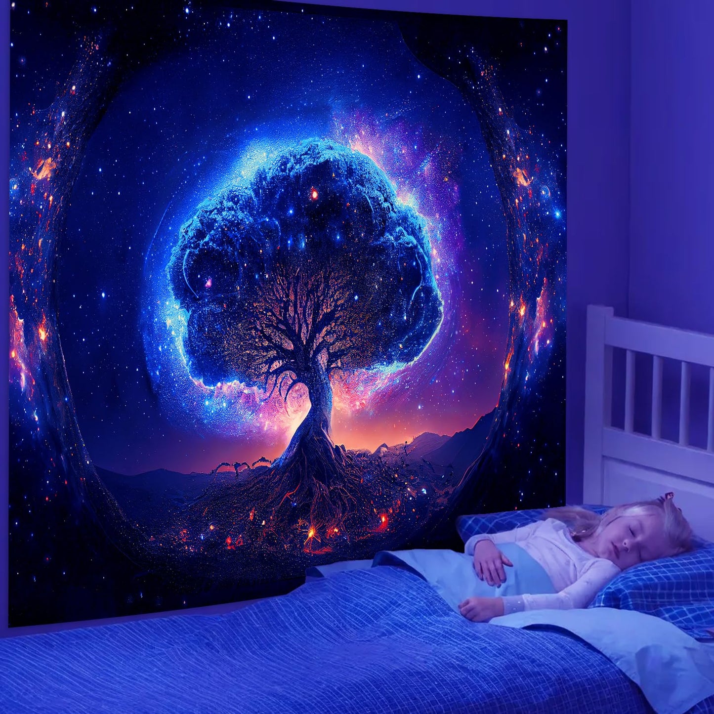 Avinyl Blacklight Tree and Space Tapestry for Bedroom, Aesthetic Cool Black Light Tree of Life Tapestries for Girl, Fantasy Stars Galaxy Wall Hanging for Living Room Teen Dorm Decor (51" x 60")