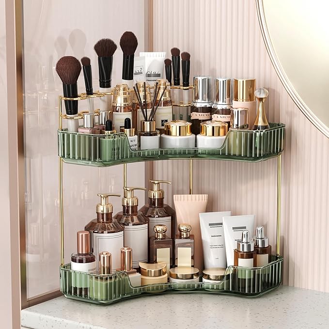 BEFSOP Corner Bathroom Counter Organizer, Upgraded 2-Tier Makeup Organizer Countertop with Makeup Brush Holder, Skincare Exquisite Vanity Organizers Countertop Bathroom Storage Dresser(Green)