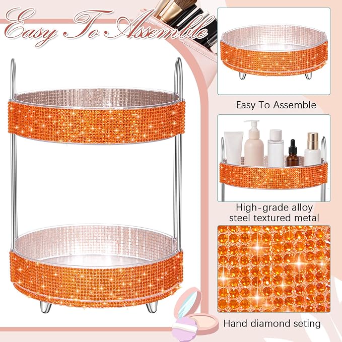 Honeydak 360 Rotating Perfume Organizer Gift for Women, Rhinestone Preppy Skincare Organizer Bathroom Counter Makeup Holder Skincare and Perfume Storage for Cosmetic(2 Tiers,Resin Diamond,Orange)