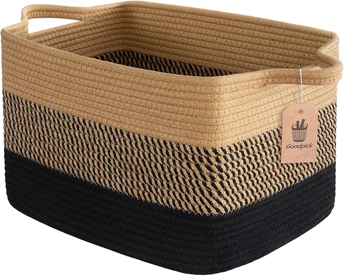 Goodpick Woven Storage Baskets for Organizing, Cotton Rope Organizer for Living Room Bedroom, 13"x10"x9" Rectangle Dog Toy Basket with Handles, Stylish Gift Baskets Empty, Black & Jute