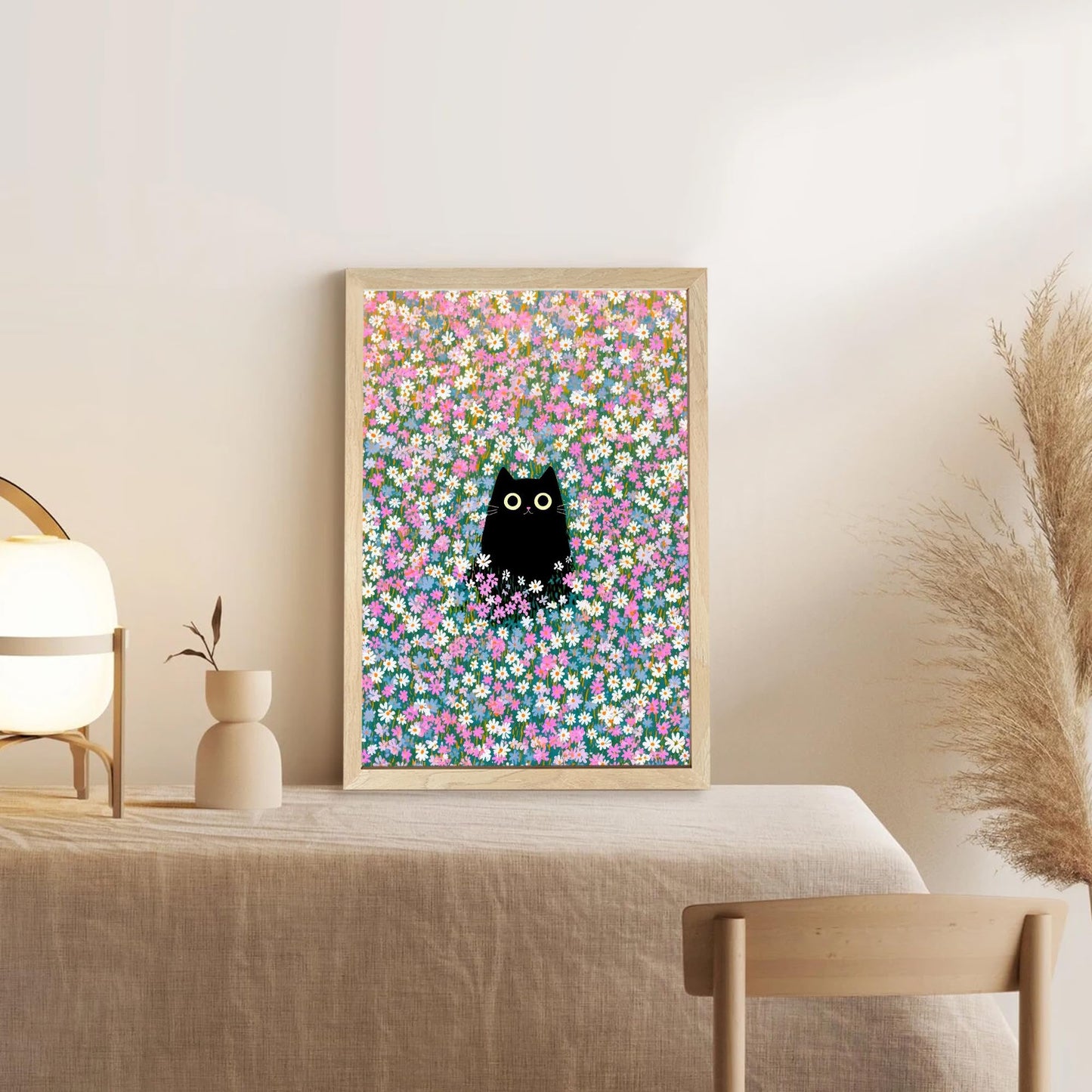 Apokiil Black Cat in Wildflower Field Wall Art - Cute Cat Floral Canvas Print, Poster for Bedroom Living Room Bathroom Wall Decor 24x 16In
