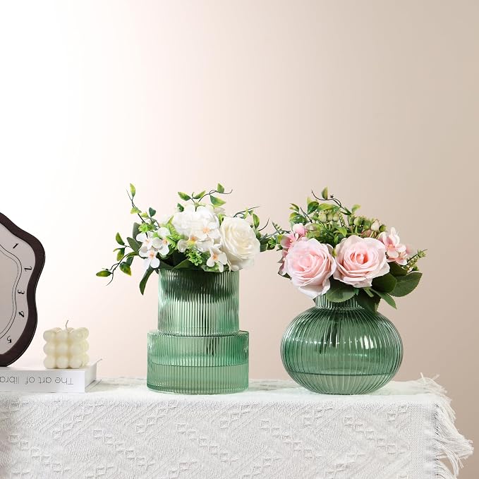 Ribbed Glass Vases, Set of 2 Fluted Vases for Flowers, Green Glass Vase for Tulips, Modern Vase for Living Room, Kitchen, Office, Entryway, Mantle, Bookshelf, Wedding Gifts, Birthday