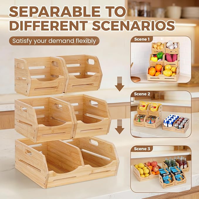 Tfro & Cile Bamboo Potato and Onion Storage Bins Pantry Organizers 3 Tier Stackable Vegetable Baskets Multipurpose Fruit Organization Containers for Kitchen - Set of 5