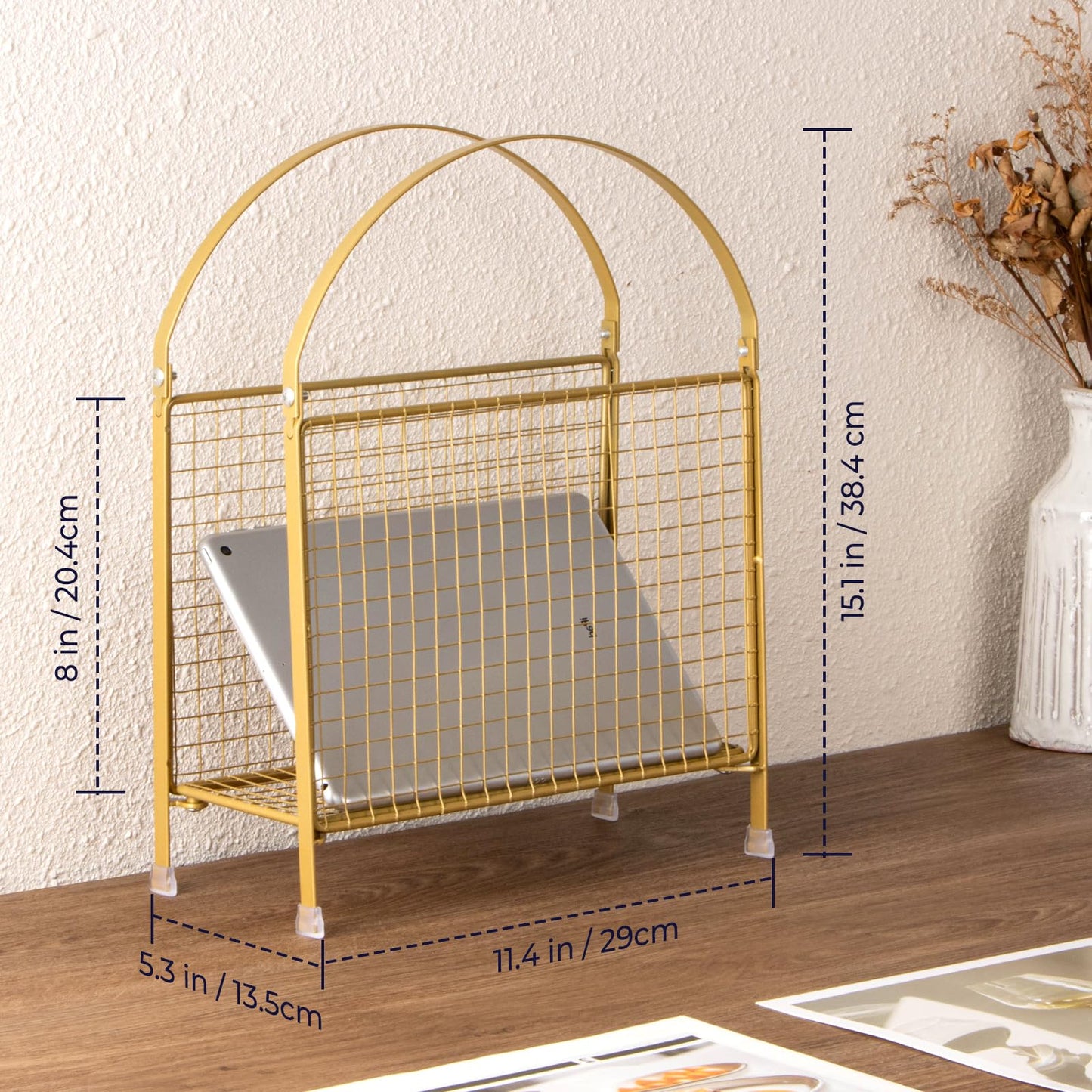 PUERSI Freestanding Magazine Holder – Modern Touch Handbag Design, Magazine Organizer Metal Rack for Books, Vinyl Record, Newspaper (Gold)