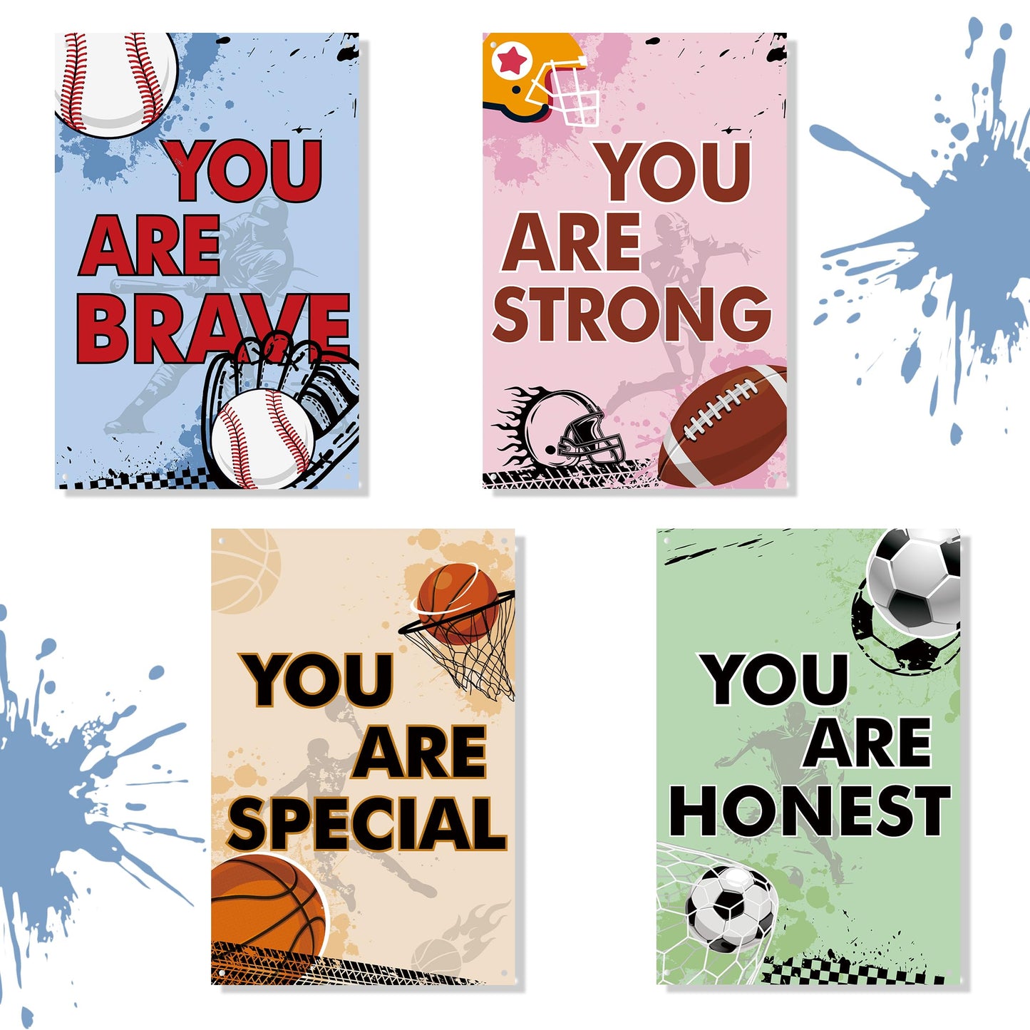 4 Pcs Sports Bedroom Inspirational Wall Decor Sign for Kids, Soccer Basketball Baseball Rugby Decor, Art Inspired Hanging Signs Boys Girls Kids Nursery School Nursery School