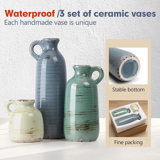 Ceramic Vase Set of 3, Vase with Handle, Modern Farmhouse Vases for Pampas Grass & Dried Flowers, Flower Vase for Table Living Room Home Decor-Multicolor