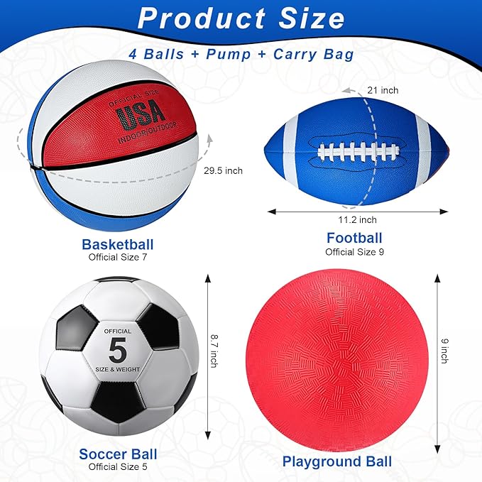 Lenwen 4 Pcs Sports Balls Set, Include Official Size Basketball Soccer Football Playground Ball Pump Equipment Bag for Teen Adult Gift Operation Christmas Ball Gifts