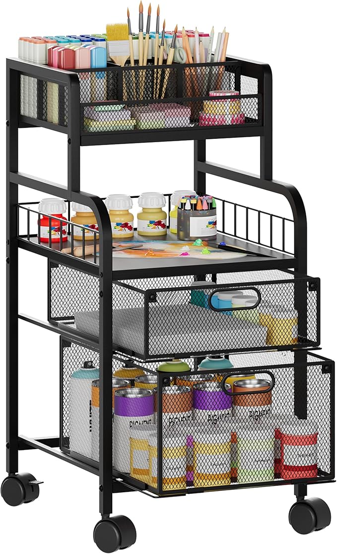 SWTYMIKI Rolling Cart with Drawers - Metal Craft Cart with Wheels, DIY Divider and Wood Shelf, Art Supply Organizer for Under Desk Storage, Utility Storage Cart for Home Office Studio, Black