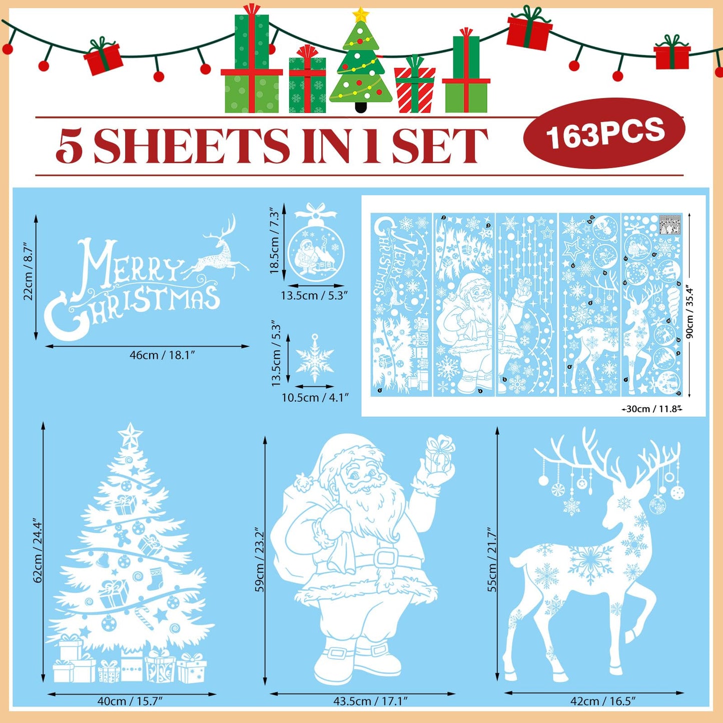 HEEKPEK 163PCS Christmas Window Clings Decorations Large Merry Christmas Double Sided Stickers, Santa Claus Xmas Tree Reindeer Decals for Home Office School (14 Sheets)