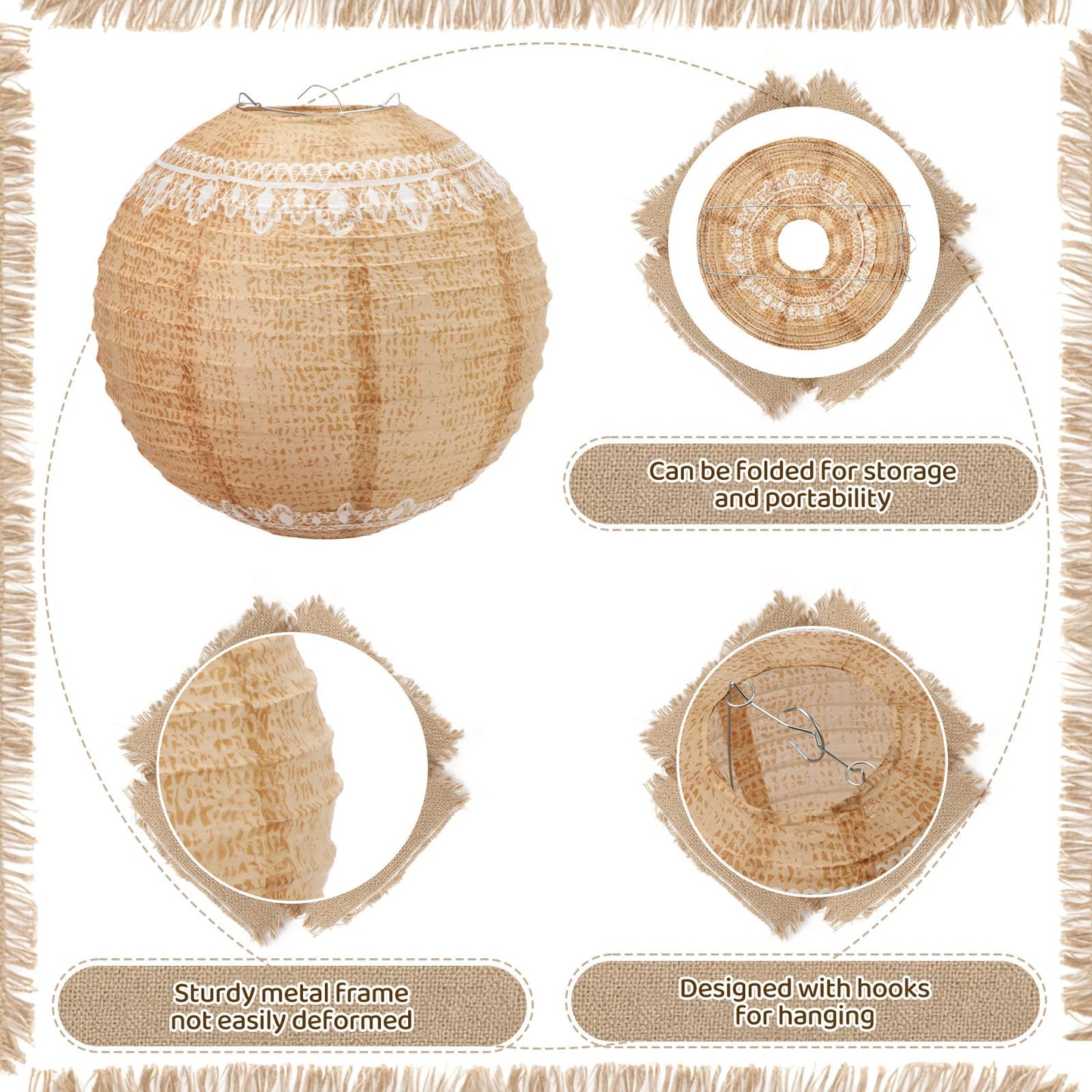 Glooglitter 6 Pcs Burlap Paper Lanterns Rustic Hanging Paper Lantern Decor for Weddings, Bridal Showers, Party Decorations, Boho Farmhouse Ceiling Decor, Indoor Outdoor Event DIY Hanging Lanterns