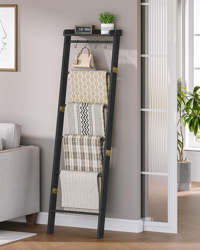 Hzuaneri Blanket Ladder Shelf, Decorative Quilt Rack, 7-Tier Farmhouse Ladder Holder Organizer with 4 Removable Hooks 7.9" D x 17.3" W x 66.9" H, Black BR36804B