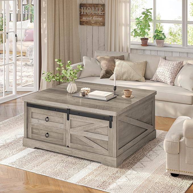 Itaar 39.4'' Lift Top Coffee Table with Storage, Farmhouse Coffee Tables for Living Room, Square Coffee Table with Large Hodden Compartment & 2 Drawrs & Adjustables Shelves (Gray)