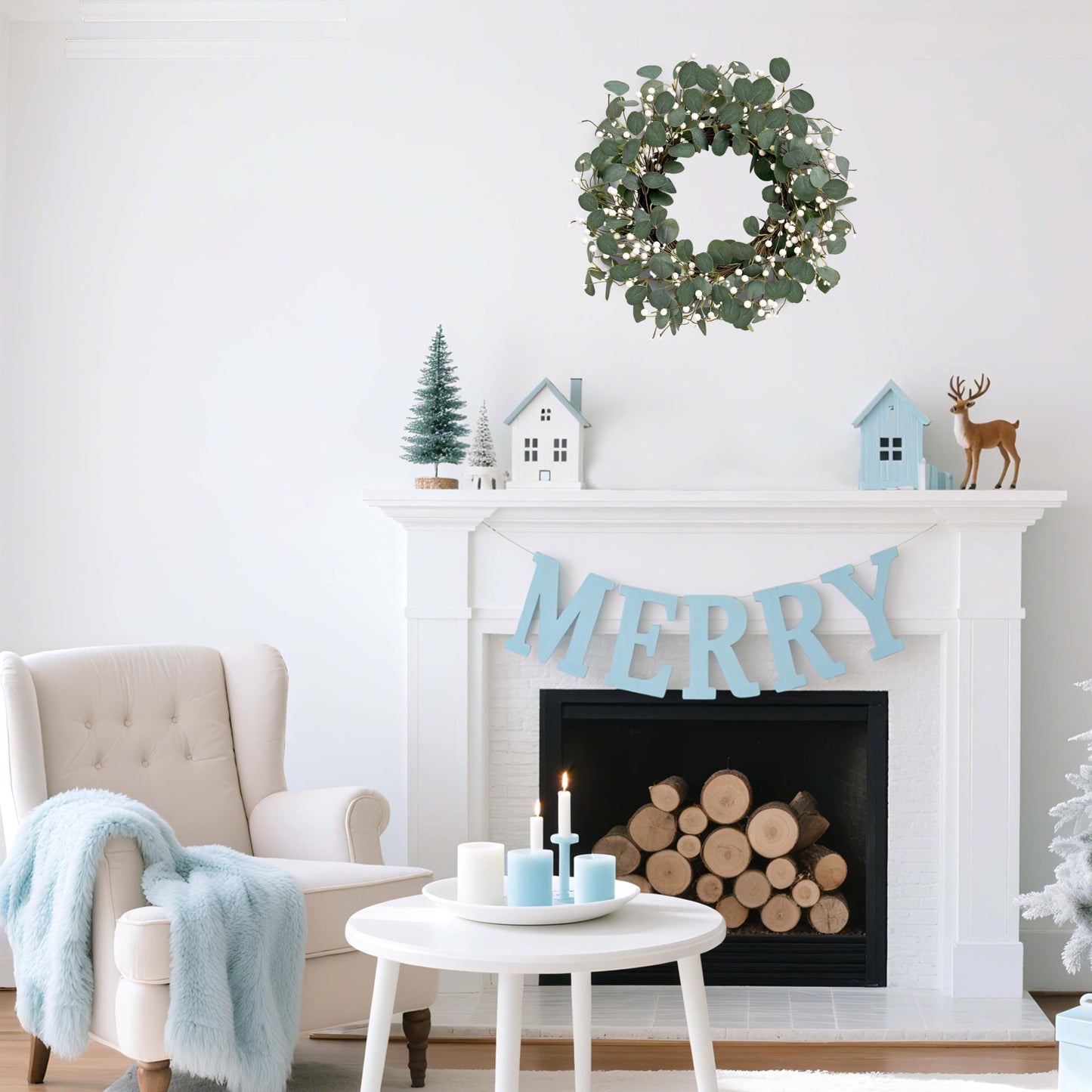 MAINGKAUNG Green Eucalyptus Wreath 22inch Greenery Wreaths for Front Door Artificial Winter Wreath with Green Eucalyptus Leaves White Berries for Winter Christmas Window Wall Indoor Holiday Decoration