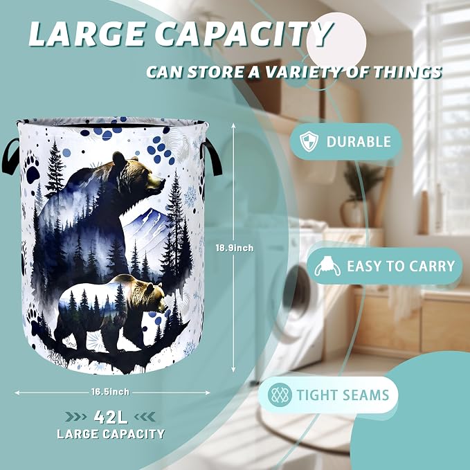Bear Forest Laundry Basket Animal Bears Laundry Hamper Foldable Oxford Cloth Adventure Funny Tote Bag Clothes Toy Storage Bucket For Bathroom/Laundry Storage/Bedroom 18.9 x 16.5 Inch
