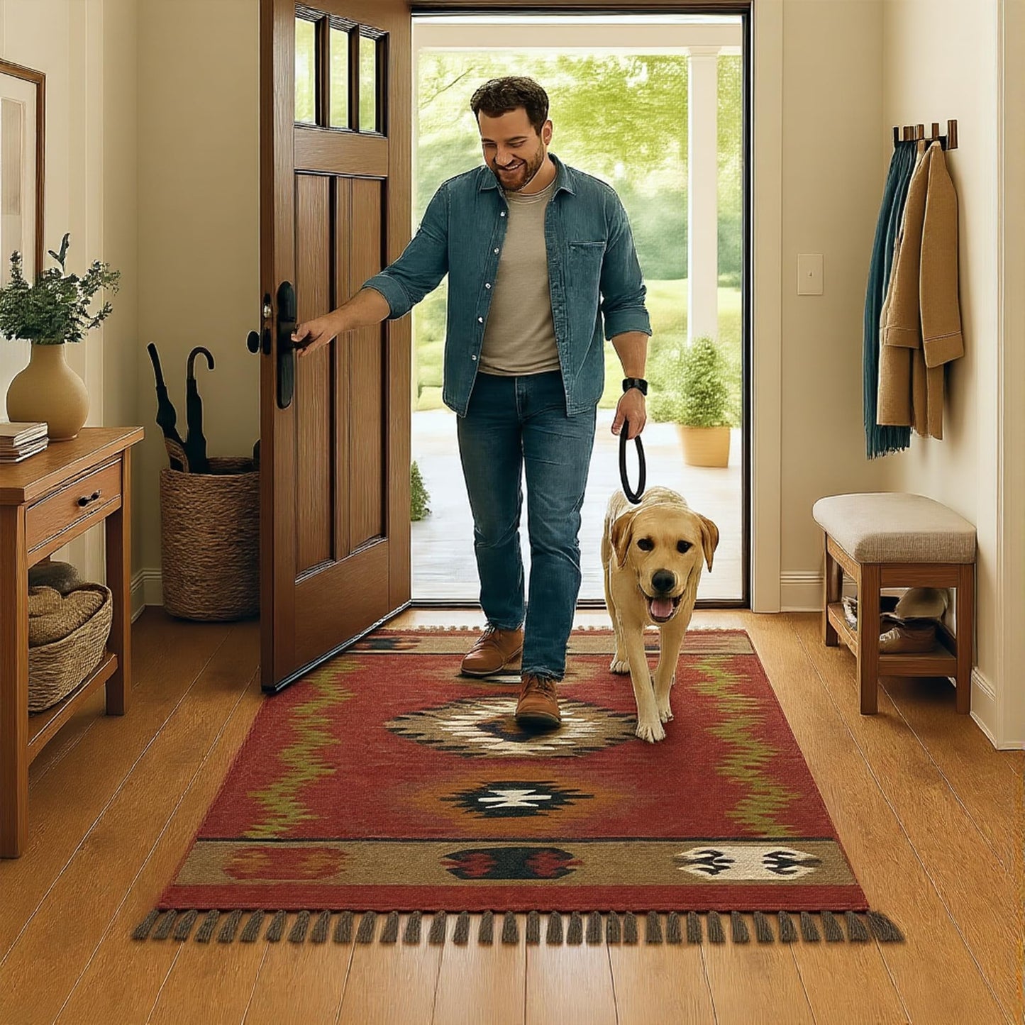 Reversible Kilim Area Rug 3x5 Southwestern Wool Jute Geometric Design Multicolor Hand Woven Rug Thick 0.19" Flatweave Carpet Indoor Outdoor Rugs for Bedroom Enterway Kitchen