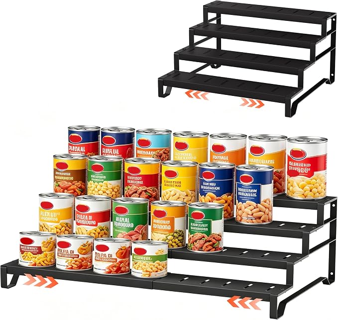 Attelite 4 Tier Expandable Can Rack Organizer for Pantry, Adjustable 13"-21" Metal Soda Can Organizer, Pantry Organization Canned Food Storage Holder for Kitchen Cabinet Countertop, Black 1Pack