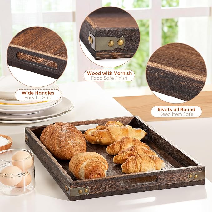 Serving Trays for Party-17In Large Serving Tray with Handles,Wooden Coffee Table Tray&Charcuterie Boards,Serving Platter for Breakfast in Bed Tray,Decorative Rectangular Tray for Ottoman/BBQ/Kitchen