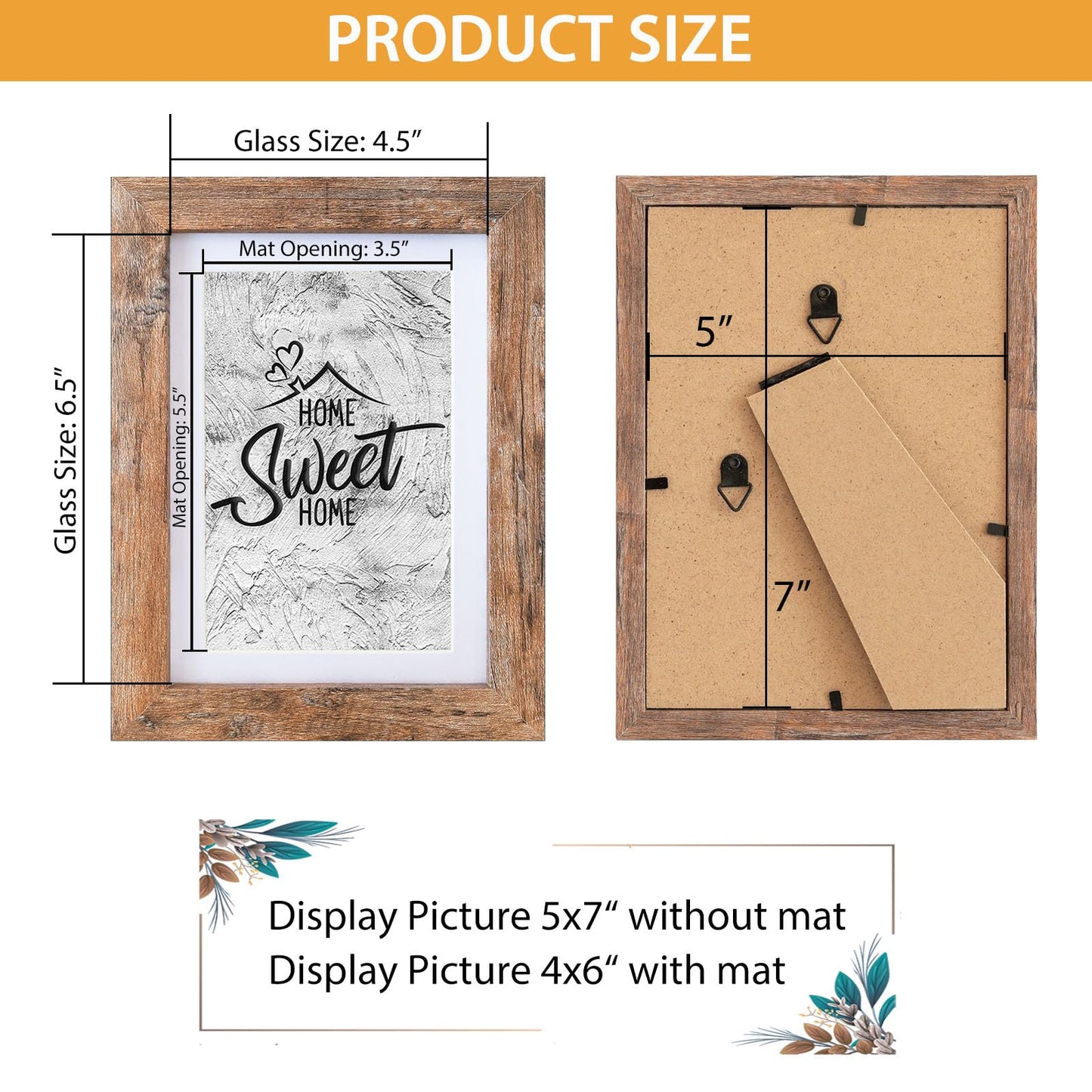 Califortree 5x7 Picture Frame - Can Display Photo 4x6 with Mat, Wood Frame with Shatterproof Plexiglass, Wall & Tabletop Display, Rustic Brown