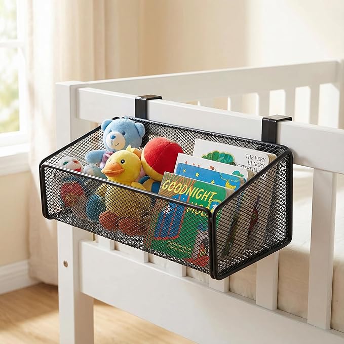JDYOOMI Bedside Caddy Shelf Hanging Storage Basket for Bunk Bed, Office Cubical Walls, Baby Rails, College Dorm Organizer - 5 Pairs Sized Hooks for Phone, Glass, Magazine, Decor (Black)