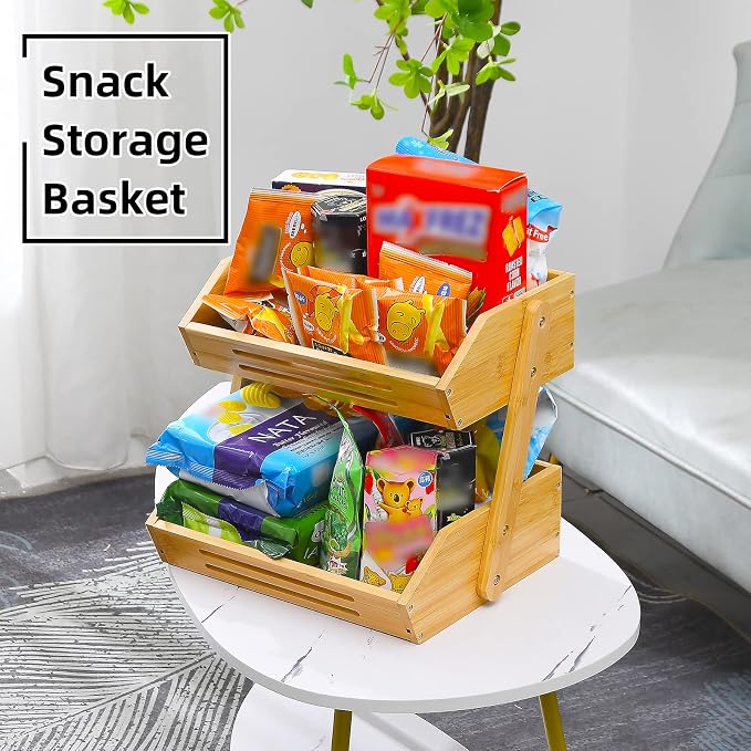 VIKEYHOME Fruit Basket, 2 Tier Bamboo Fruit Basket for Kitchen, 11" Tall Fruit Stand Storage Holder, Heavy Duty/Large Capacity for Vegetables, Fruit, and Snack, 15 mm Thickness (Self-assembly)