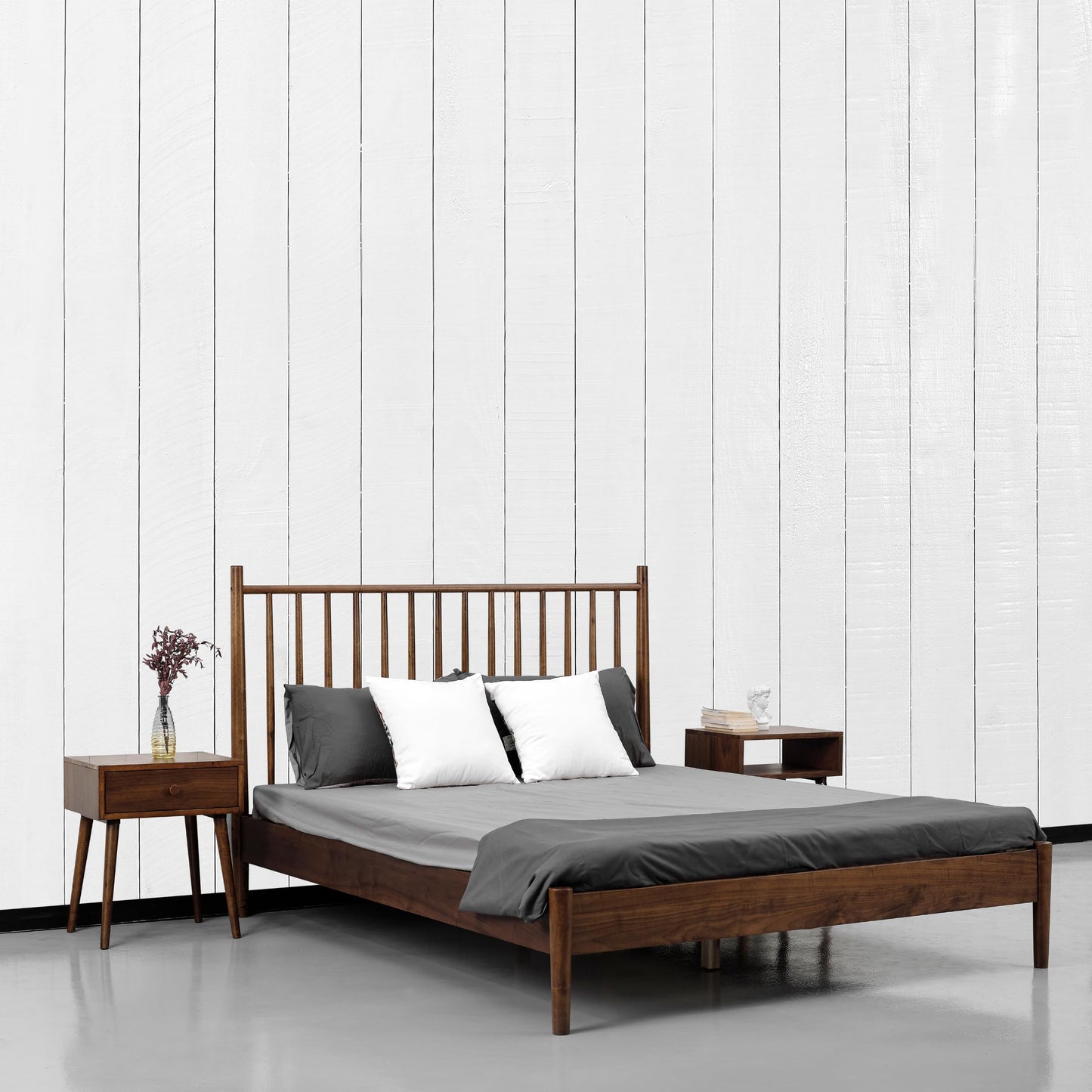 NTC Inno Wooden Bed Frame with Headboard, Solid Oak and Rubber Wood Foundation with Silent Slats and Wood Central Supports, 1000 Lb Capacity, Effortless Assembly, Queen - Dark Walnut