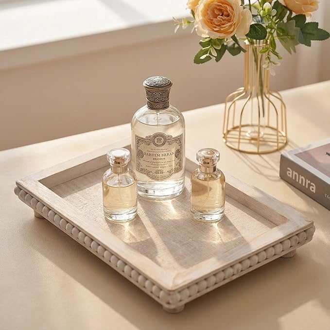 Decorative Coffee Table Tray, 13.5 x 9.7 Inch White Washed Wooden Beaded Tray with Removable Legs, Rustic Farmhouse Rectangular Tray for Coffee Table, Kitchen Counter and Vanity Decor