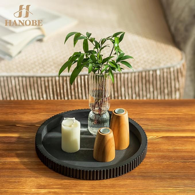 Hanobe Decorative Tray for Coffee Table: 12" Black Round Centerpiece Tray for Home Decor - Wood Modern Farmhouse Decor for Living Dining Room Kitchen Island Tabletop