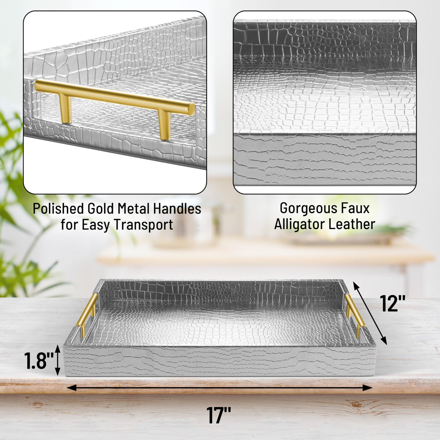 ATZYmolin 17" x 12" Wood Serving Tray with Gold Polished Metal Handles, Home Decorative Wooden Rectangle Ottoman Leather Decor Platter Bathroom Vanity Tray for All Occasions Alligator Silvery