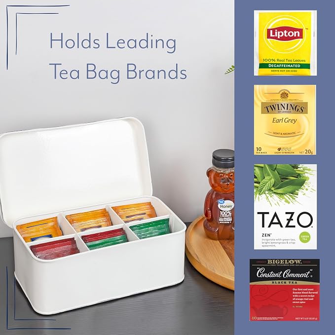 AuldHome Design Farmhouse Tea Bag Box (White), Vintage Retro Style Enamelware Tea Storage Tin