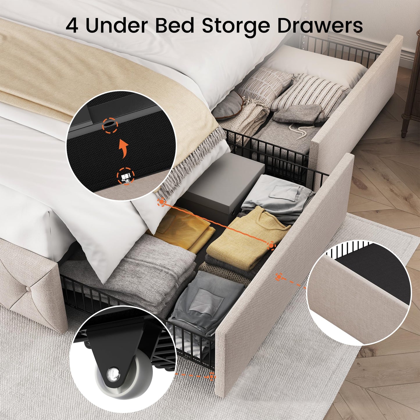 LARMACE Queen Size Bed Frame with 4 Storage Drawers and 47.2" Tall Tufted Headboard Linen Upholstered Platform Bed Frame Wingback Beds with Wooden Slats Support, Easy Assembly, Beige