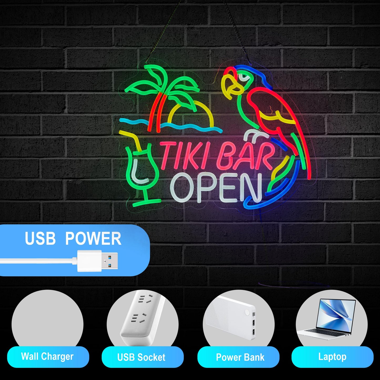 Tiki Bar Open Neon Sign for Tiki Open Wall Décor with Dimmable Switch Hawaii Pool Beach Bar LED Neon Signs Art Decor Light