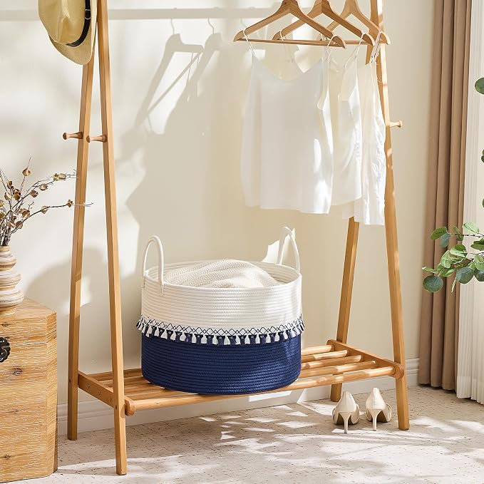 KAKAMAY Cotton Rope Storage Basket (20"x13"),Woven Hamper for Blankets,Toys,Pillows,Clothes,Laundry,Sturdy Handles Decorative Basket for Living Room, Bedroom,Nursery(Blue/Blue Fringe)