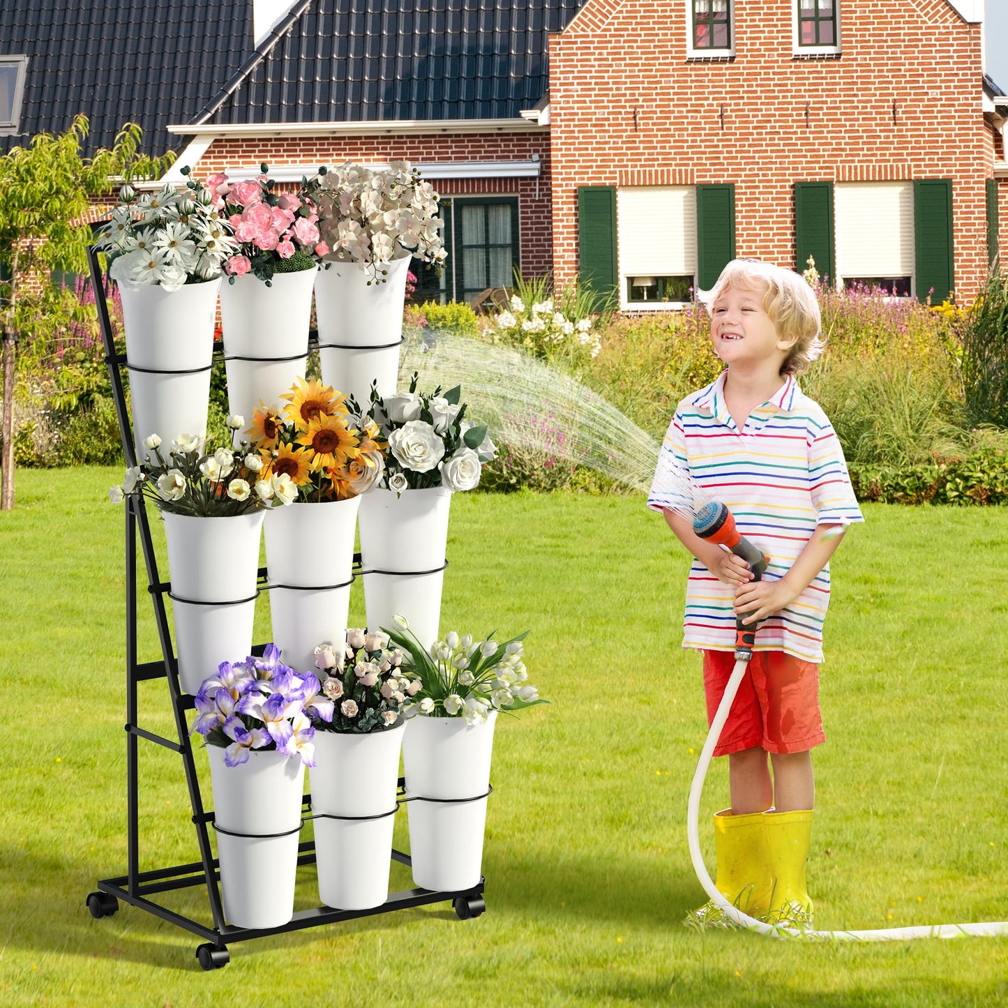 Invech Flower Display Stand with 9 Buckets and Wheels, 3 Tier Flower Cart Display Stand for Indoor Outdoor Garden, Wedding, Flower Shop (Black)