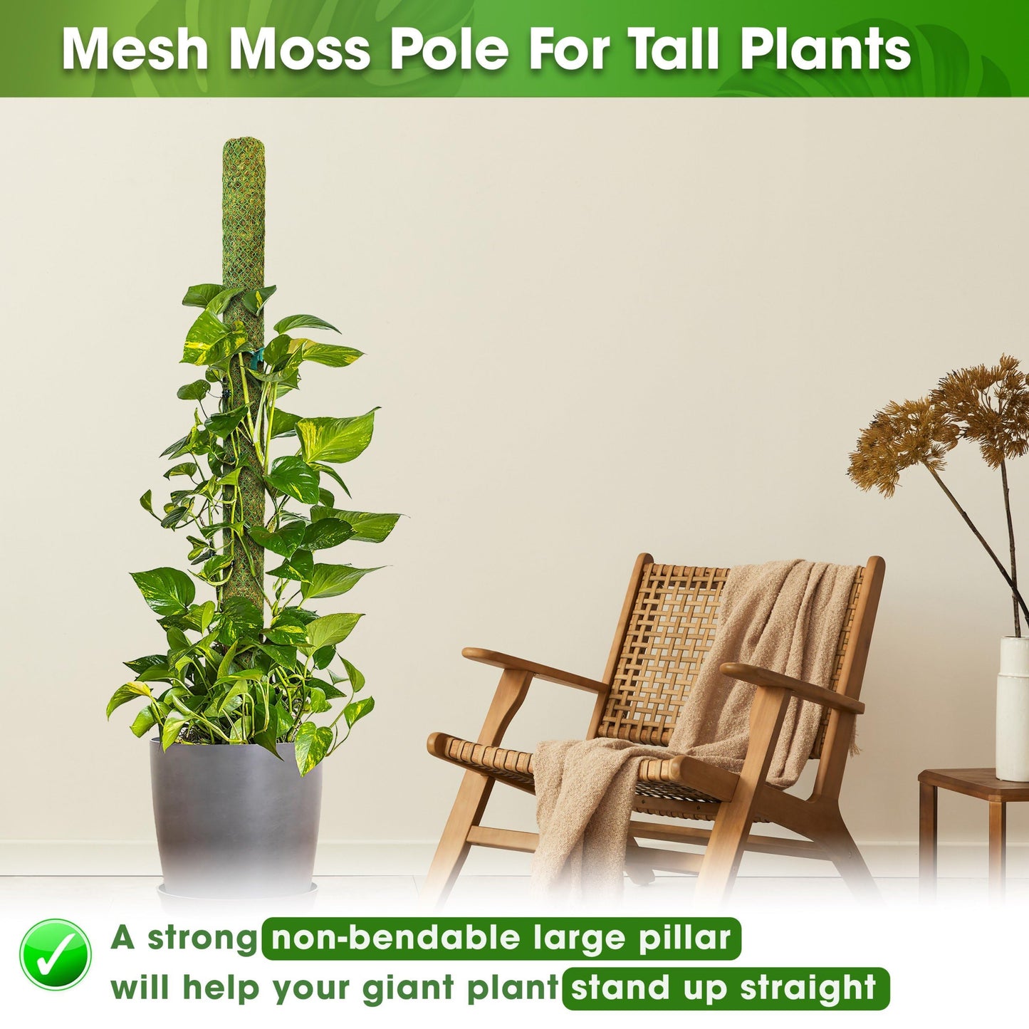 DUSPRO 59’’ Large Green Mesh Moss Pole Monstera Plant Support, Tall Plant Stakes, Moss Pole for Plants Monstera, Garden Pole, Moisture Stick for Plants (1pc., 59''), Natural