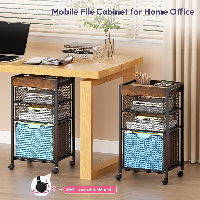 SWTYMIKI Rolling File Cart with Drawers - 4 Tier Under Desk Storage Craft Rolling Organizer Cart - Office Storage &Organization, Mobile Metal Filing Cabinet for Office and Home Espresso
