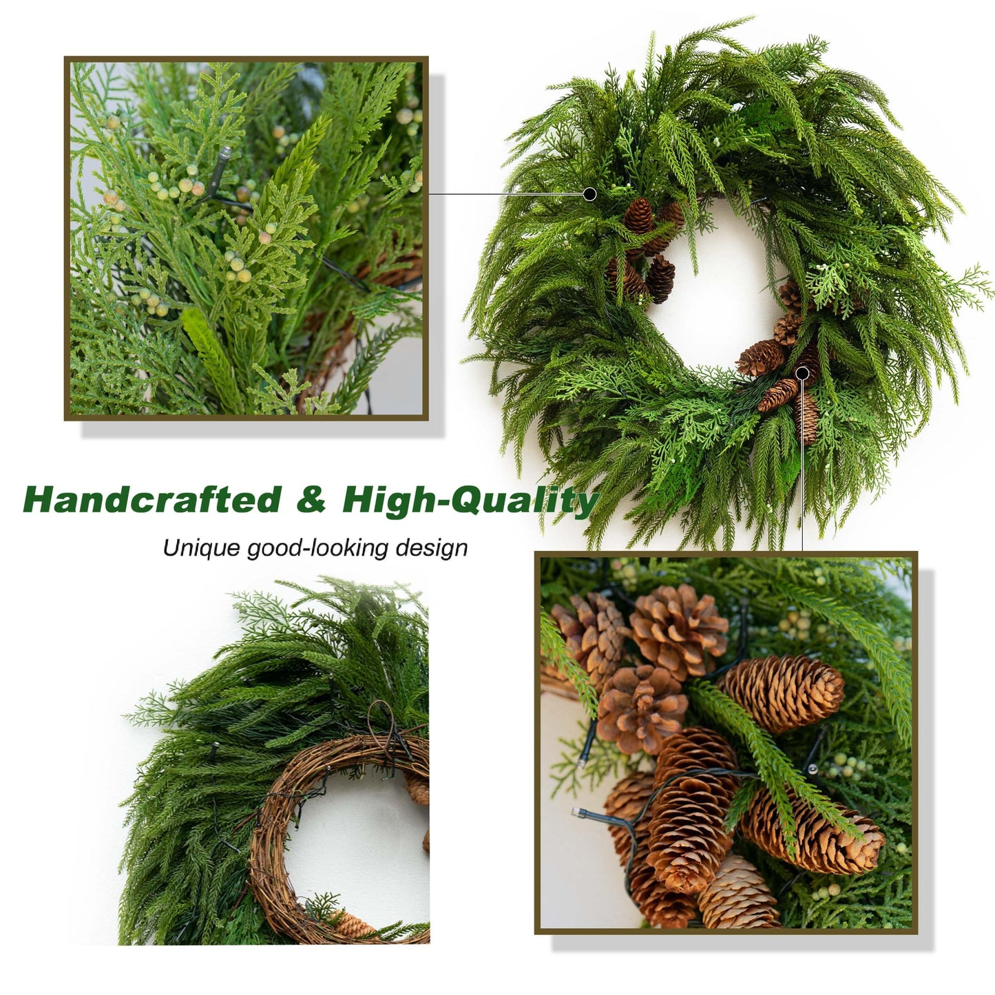 24 Inch Real Touch Norfolk Pine Wreaths for Front Door, Soomeir Artificial Christmas Wreath Green Faux Pine Wreath for Wall Windows Mantle Outdoor Christmas Decoration