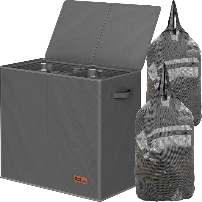 Simple Houseware Double Laundry Hamper with Lid and Removable Laundry Bags, Dark Grey