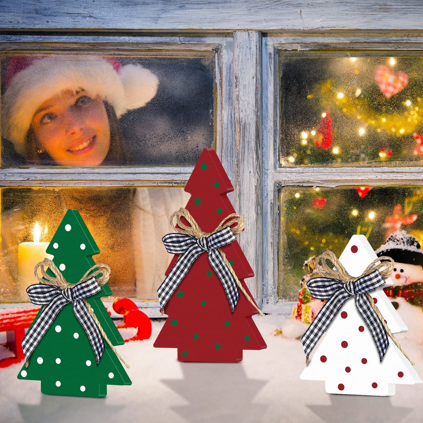 Yookeer Christmas Decor 3 Pieces Wood Table Rustic Christmas Tree Farmhouse Wooden Xmas Centerpiece for Small Table Xmas Trees Red Green Tiered Tray Party Decoration(Polka Dot Style)