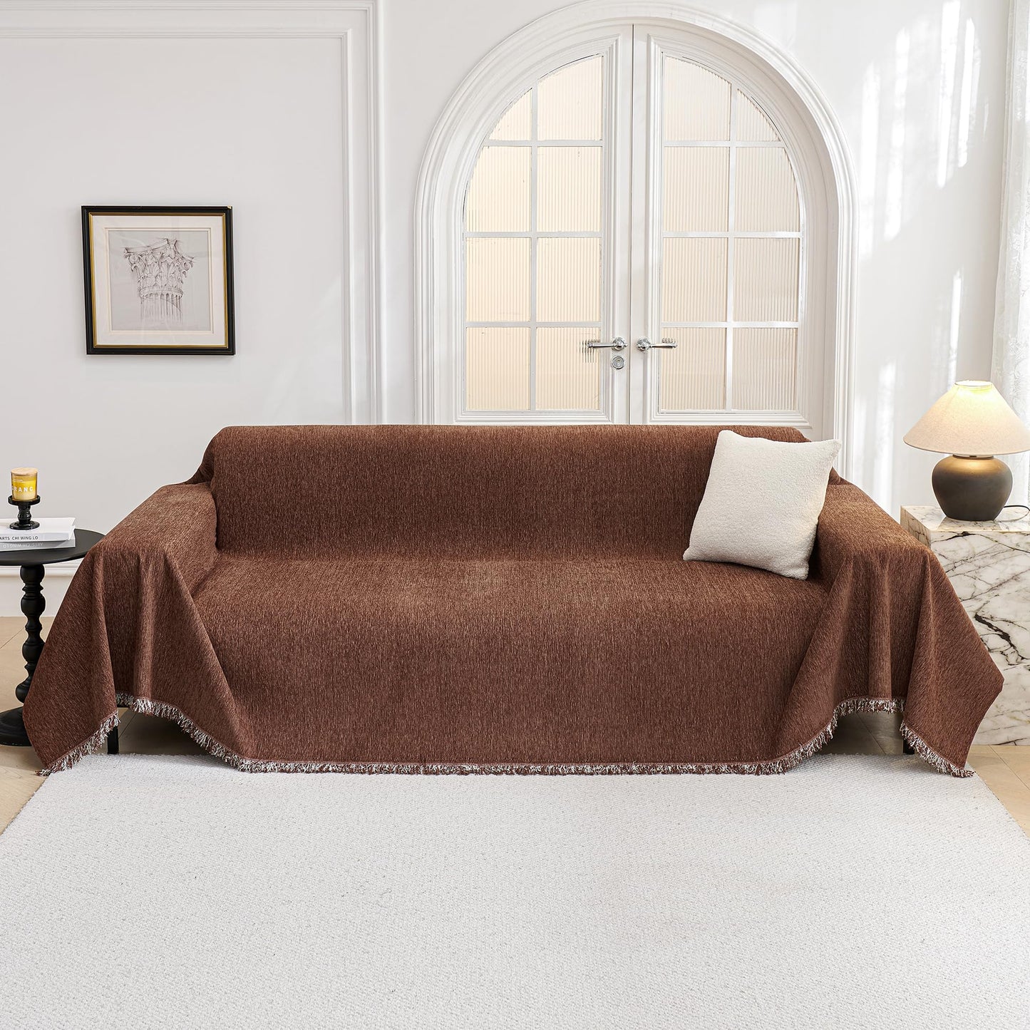 MYSKY HOME Sofa Covers for 2 Cushion Dogs - Boho Textured Soft Washable Decorative Couch Covers with Tassels, 71"x118", Chocolate