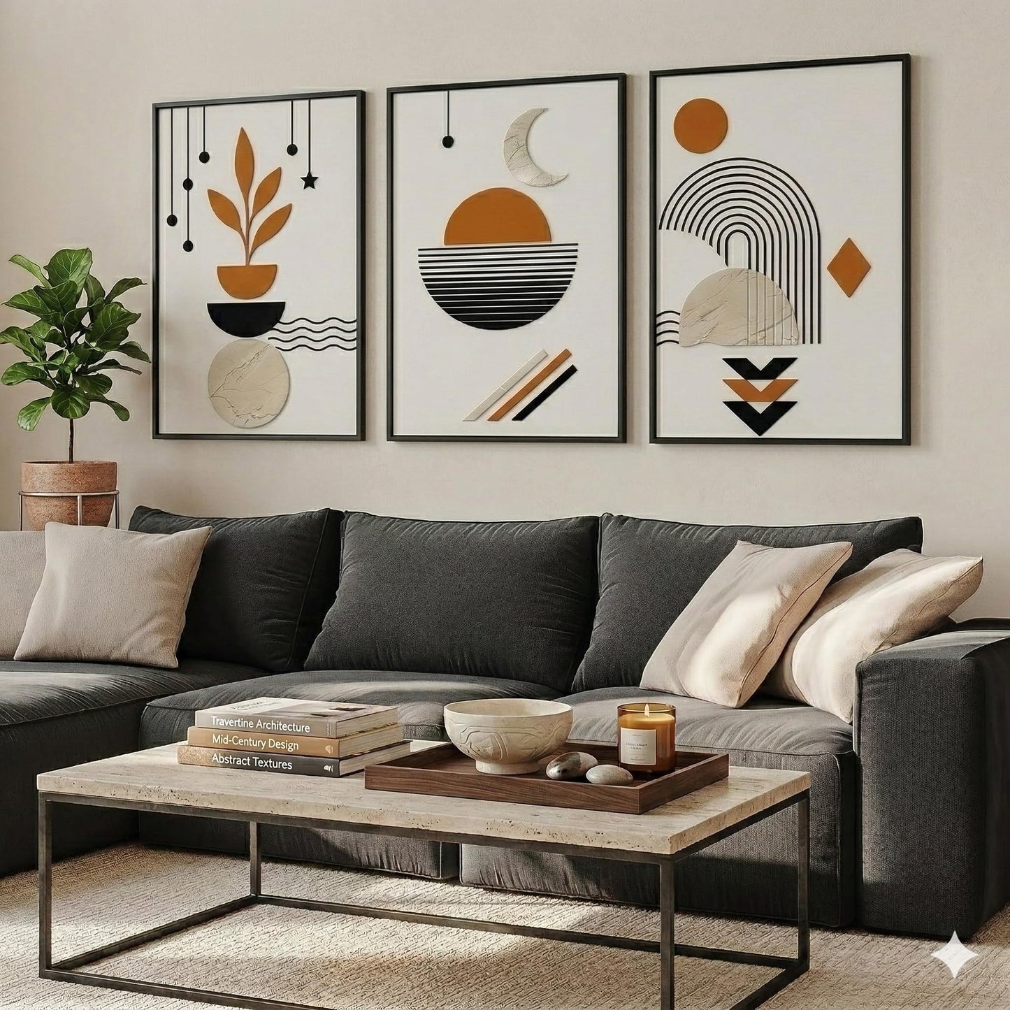 Throwback Traits Boho Abstract Wall Art Set of 3 Framed Prints 20x30, Celestial Moon Botanical Living Room Decor, Terracotta Earth Tones Gallery Wall Set, Ready to Hang