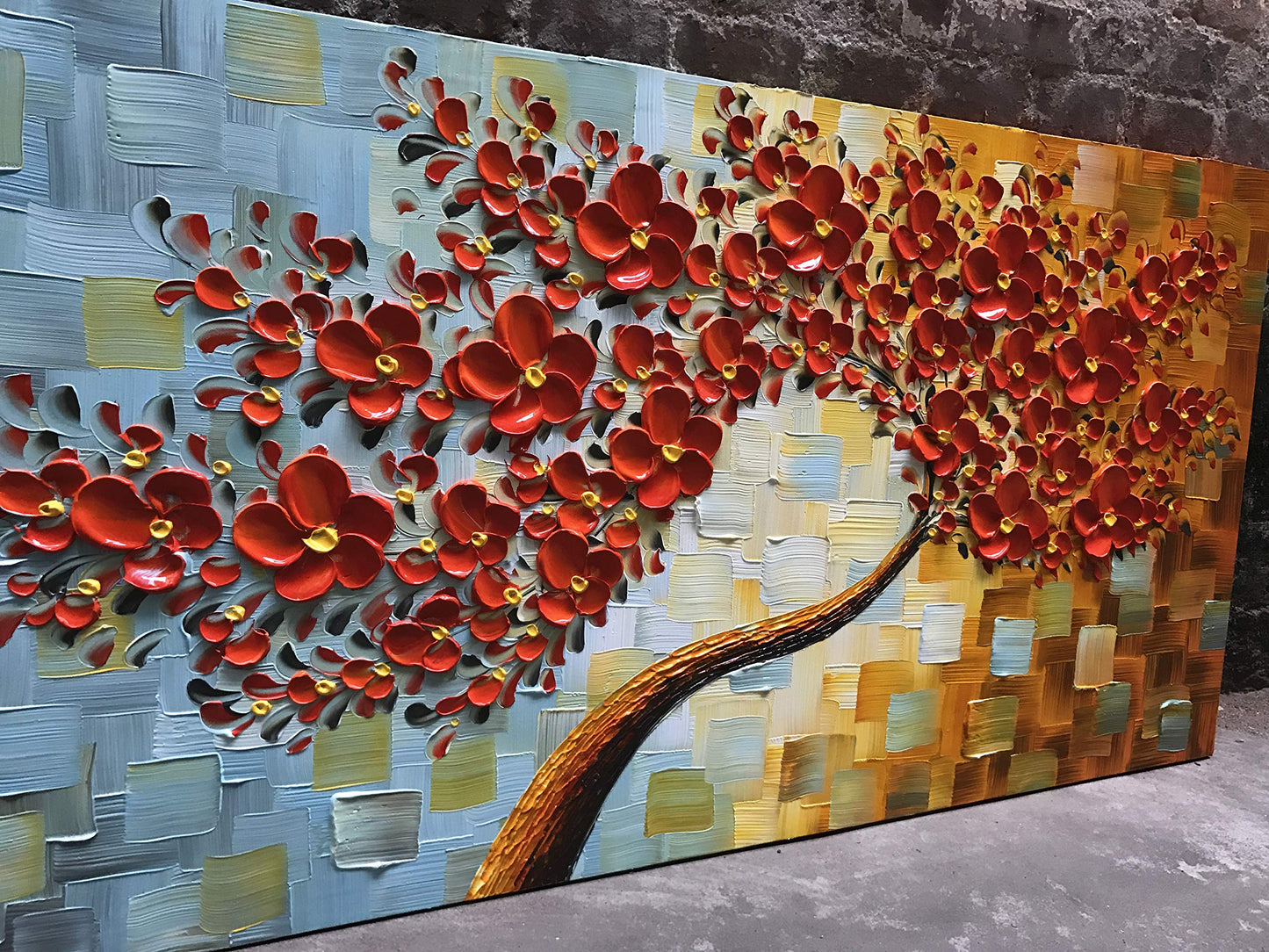 YaSheng Art- hand painted Contemporary Art Oil Painting On Canvas Texture Palette Knife 3D Red Flowers Tree Paintings Abstract Art Home Modern Bedroom Dining Room Living Room Wall Art Decor 20x40inch
