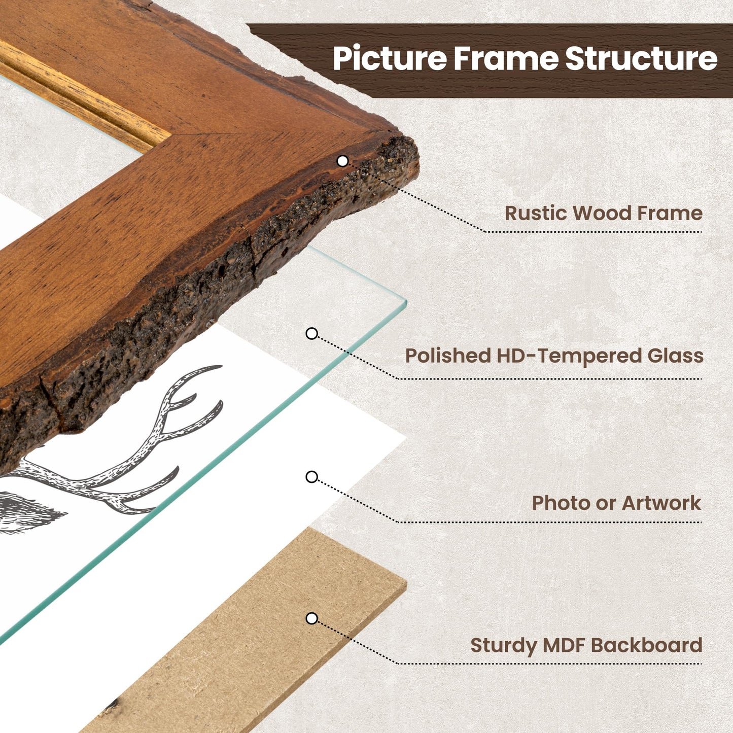 Axeman 8x10 Live Edge Picture Frame, Solid Rustic Handcrafted Wood Frame with Real Bark Edges & High Definition Glass Front, Farmhouse Decor for Tabletop or Wall Display