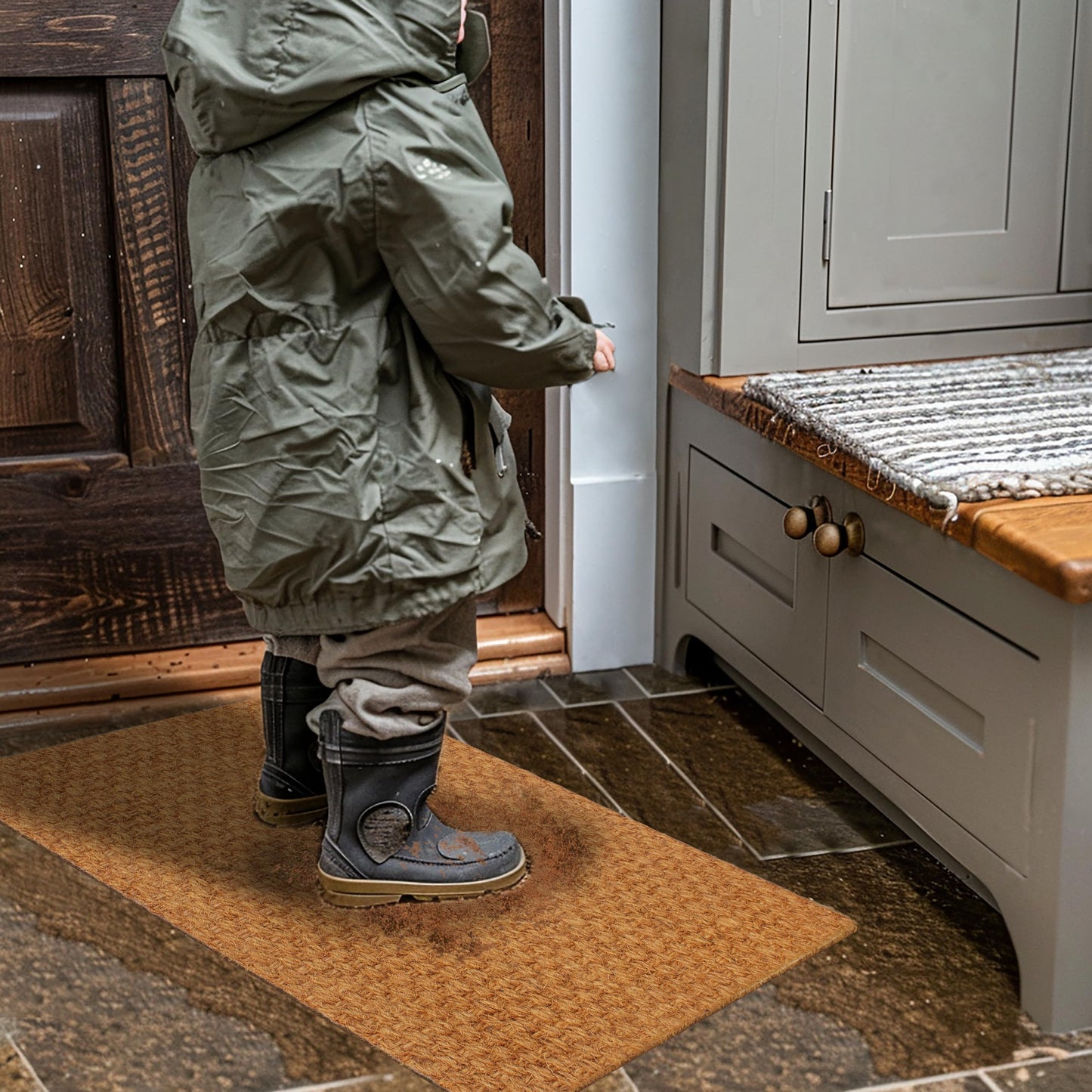 Woven Coir Doormat - Non Slip Heavy Duty Back Door Mat - Basketweave Dirt Trapping Welcome Mat - Easy Clean Durable Entryway Front Door High Traffic Indoor Outdoor Doormat - 17 x 30 - Natural