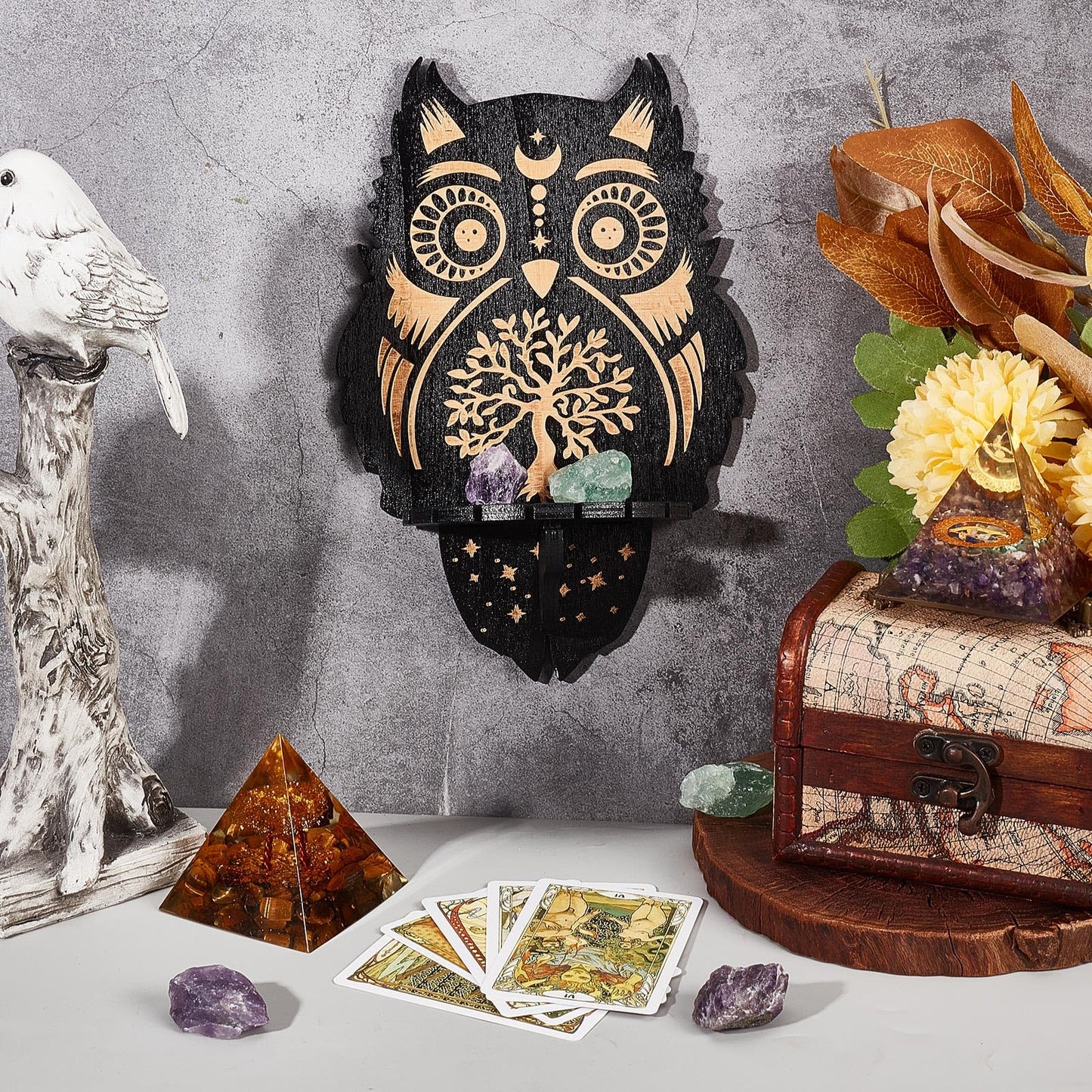 CREATCABIN Crystal Display Shelf Wooden Crystal Wall Shelves Owl Tree of Life Wall Decor Floating Holder Storage Shelf Hanging Altar Witchy Stuff for Stones Essential Oil Spiritual Gift Black 8x6Inch